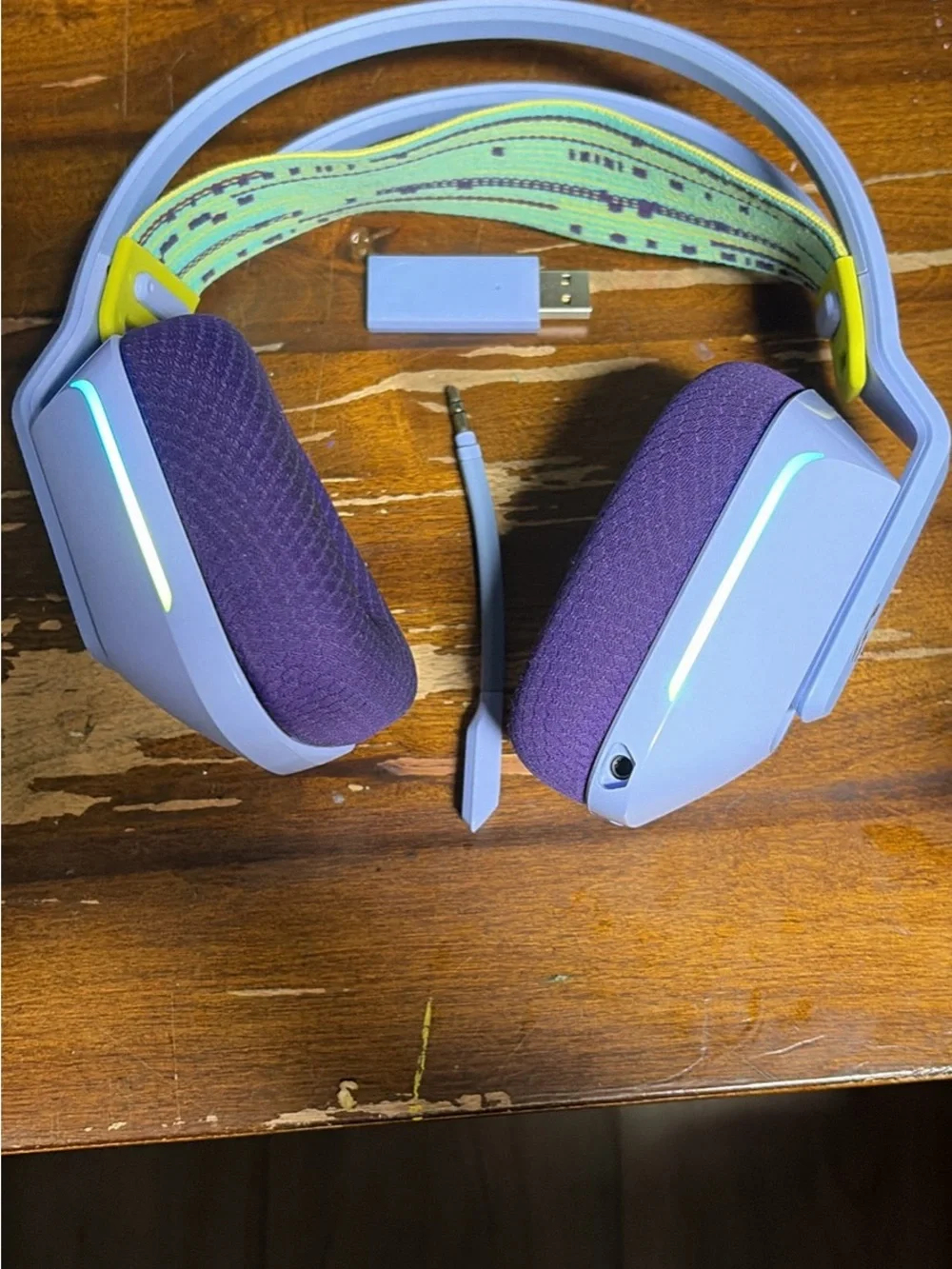 Logitech Purple & Light Blue Gaming Headset with Yellow/Green Headband Accent